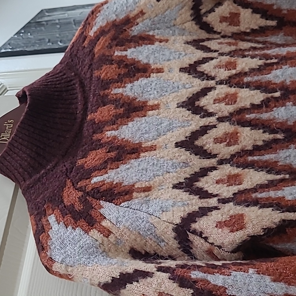 Sincerely Jules Fair Isle Soft Alpaca Blend Brown Blue Turtleneck Ski Sweater M